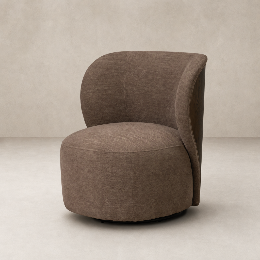 Misha Swivel Chair in Laughlin Cafe features a curved back and soft texture.
