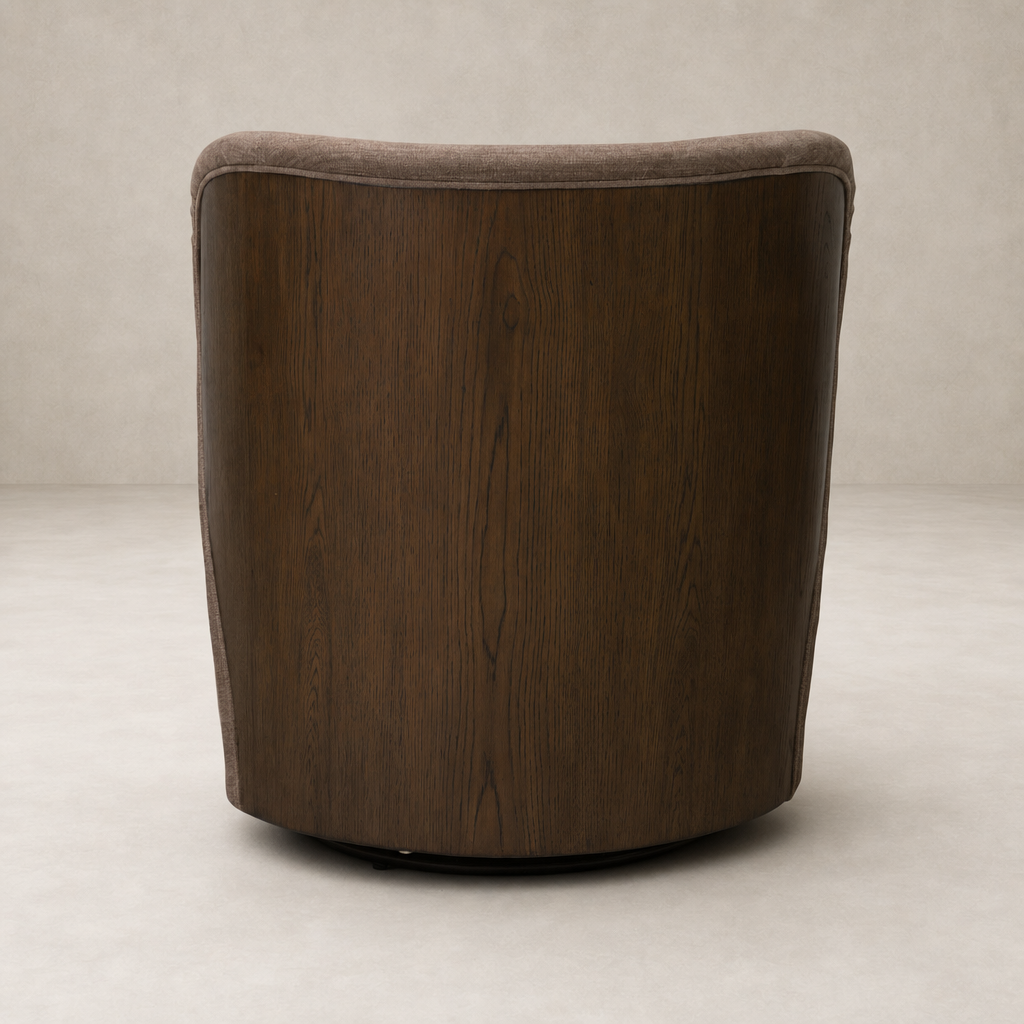 Misha Swivel Chair in Laughlin Cafe featuring a sleek curved design and rich wood finish.