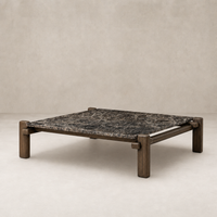 Marin Square Marble Coffee Table with Brown Emperador Marble top and wooden legs.