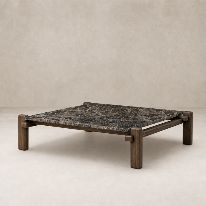 Marin Square Marble Coffee Table with Brown Emperador Marble top and wooden legs.