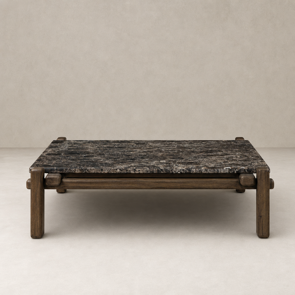 Marin Square Marble Coffee Table featuring Brown Emperador Marble top and sturdy wooden legs.