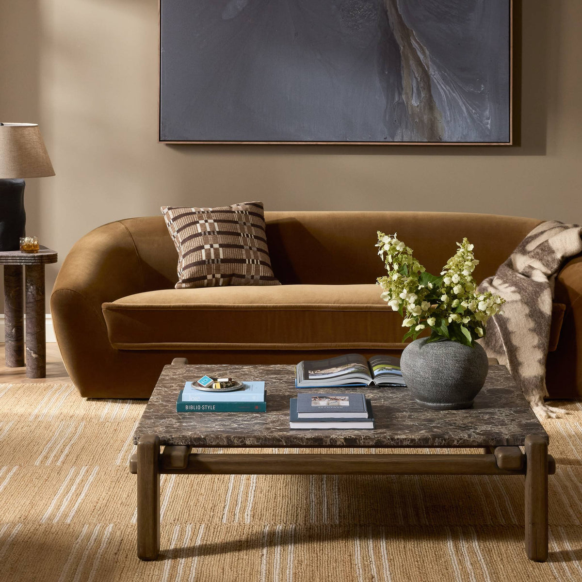 Marin Square Marble Coffee Table with Brown Emperador Marble top and rustic wooden legs.