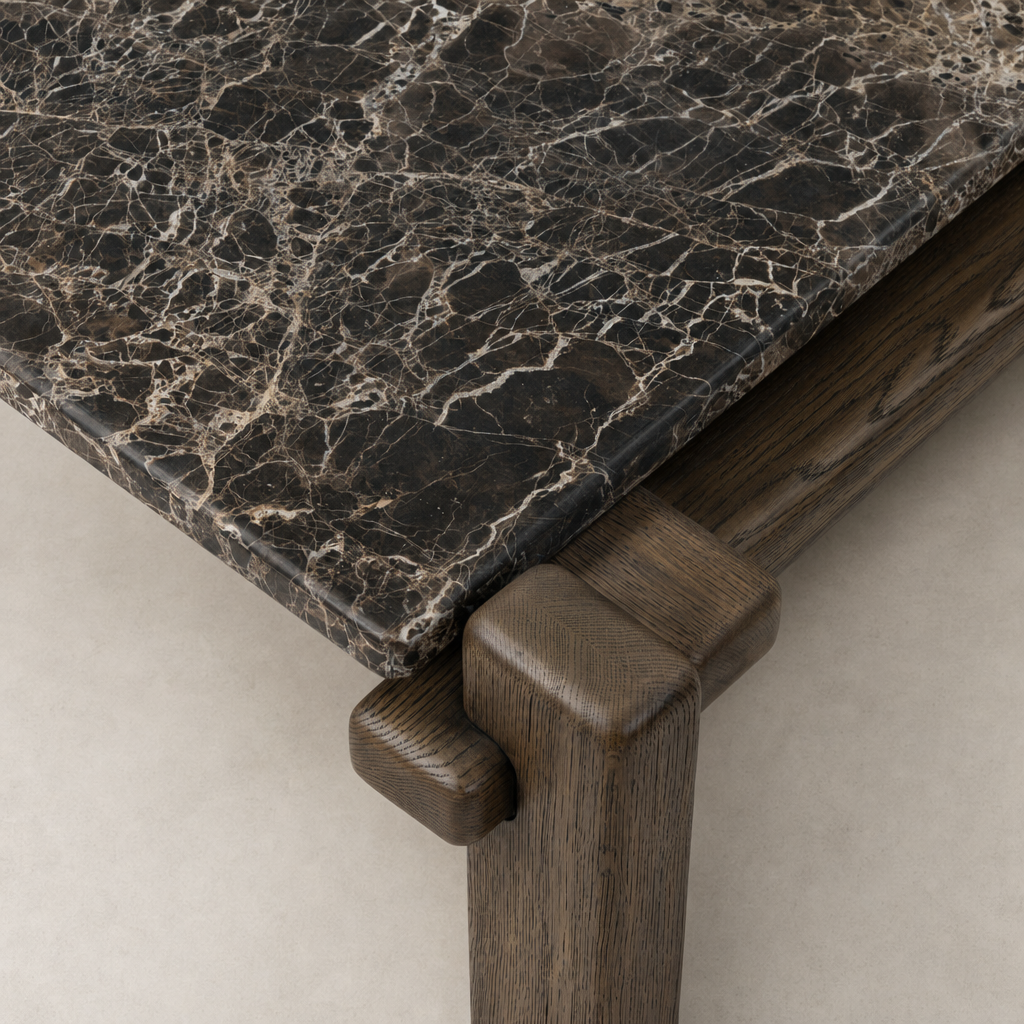 Close-up of the Marin Square Marble Coffee Table with Brown Emperador Marble top and wooden base.