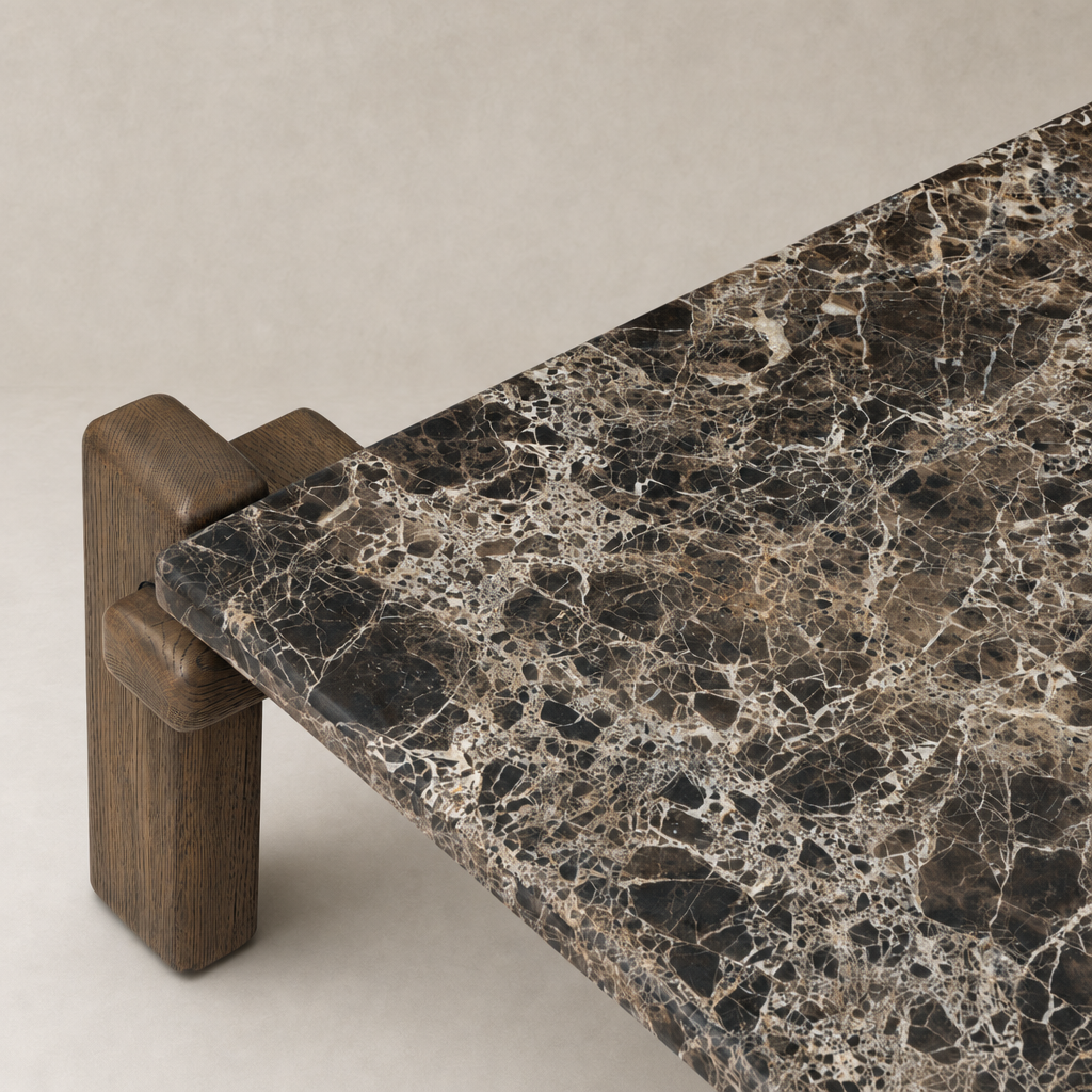 Marin Square Marble Coffee Table featuring rich Brown Emperador Marble and sturdy wooden supports.
