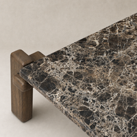 Marin Square Marble Coffee Table featuring rich Brown Emperador Marble and sturdy wooden supports.