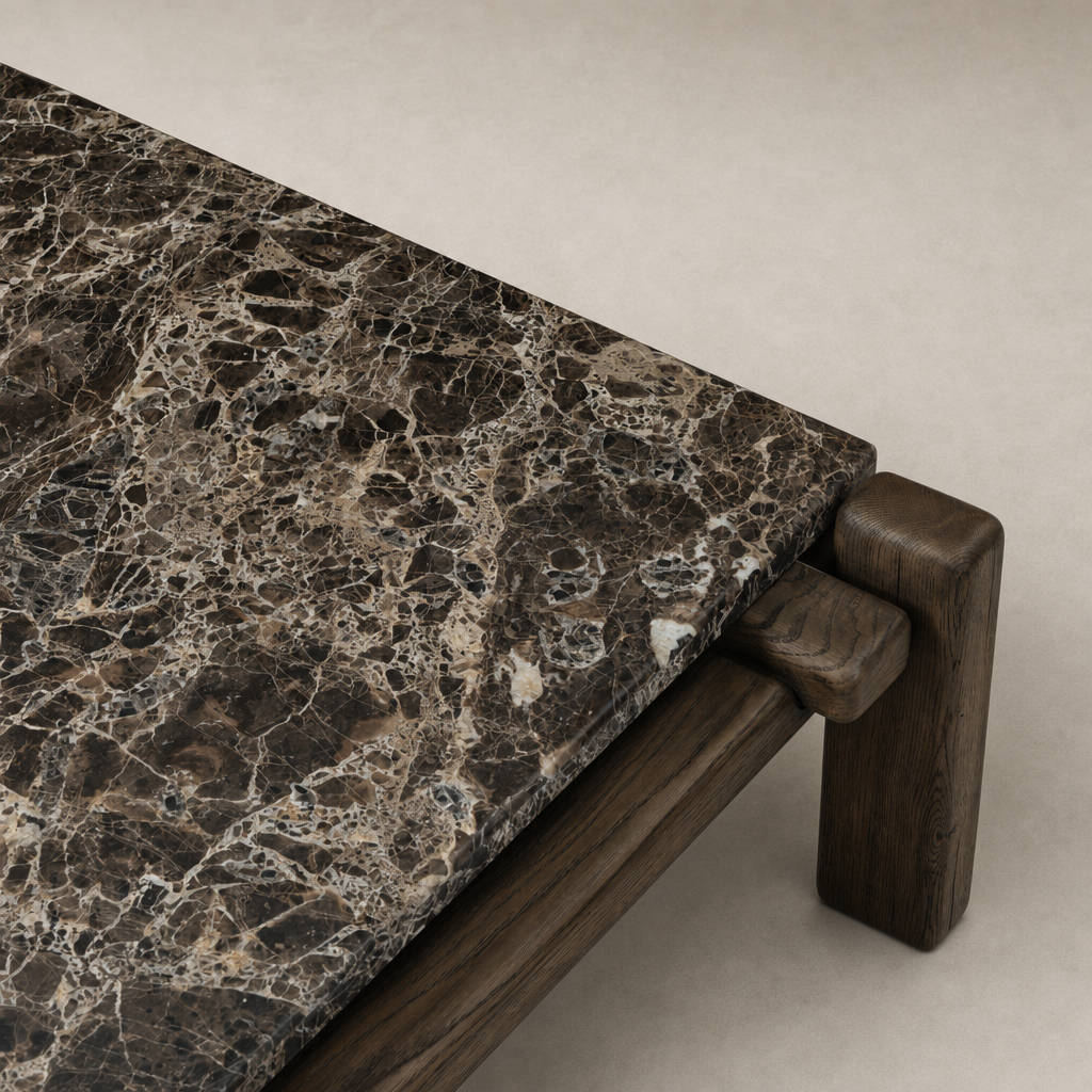 Marin Square Marble Coffee Table features a brown Emperador marble top and sturdy wooden legs.