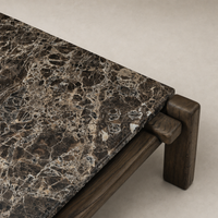Marin Square Marble Coffee Table features a brown Emperador marble top and sturdy wooden legs.