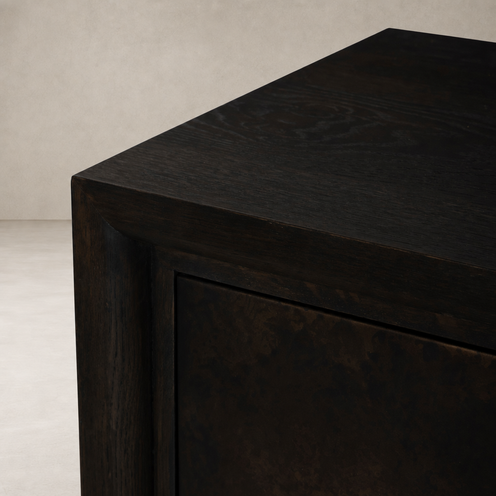 Lazuli Small Cabinet in Espresso Oak showcasing sleek, modern design and rich texture.