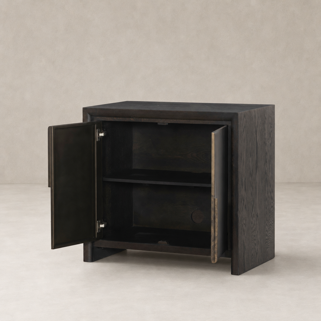 Lazuli Small Cabinet in Espresso Oak features two doors and sleek, modern design.