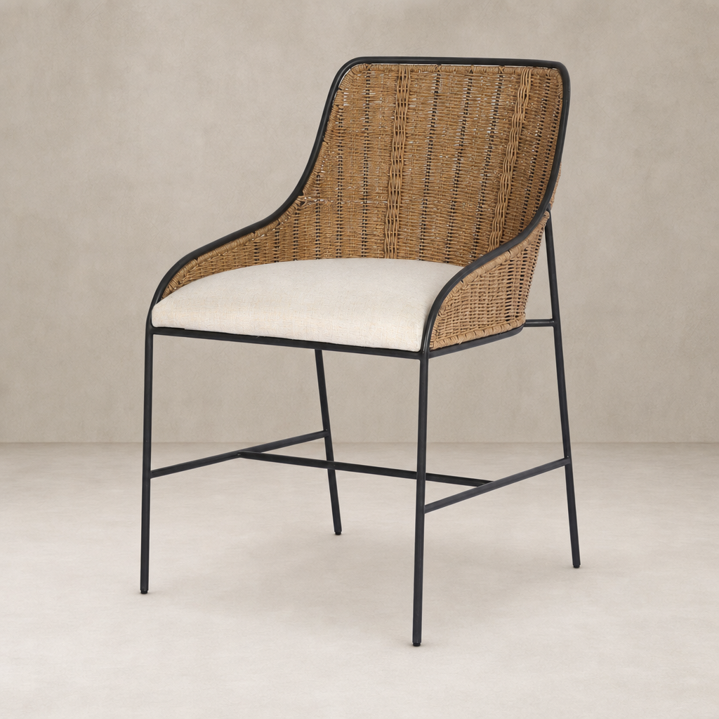 Savile Flax dining chair with woven rattan back and soft seat cushion.