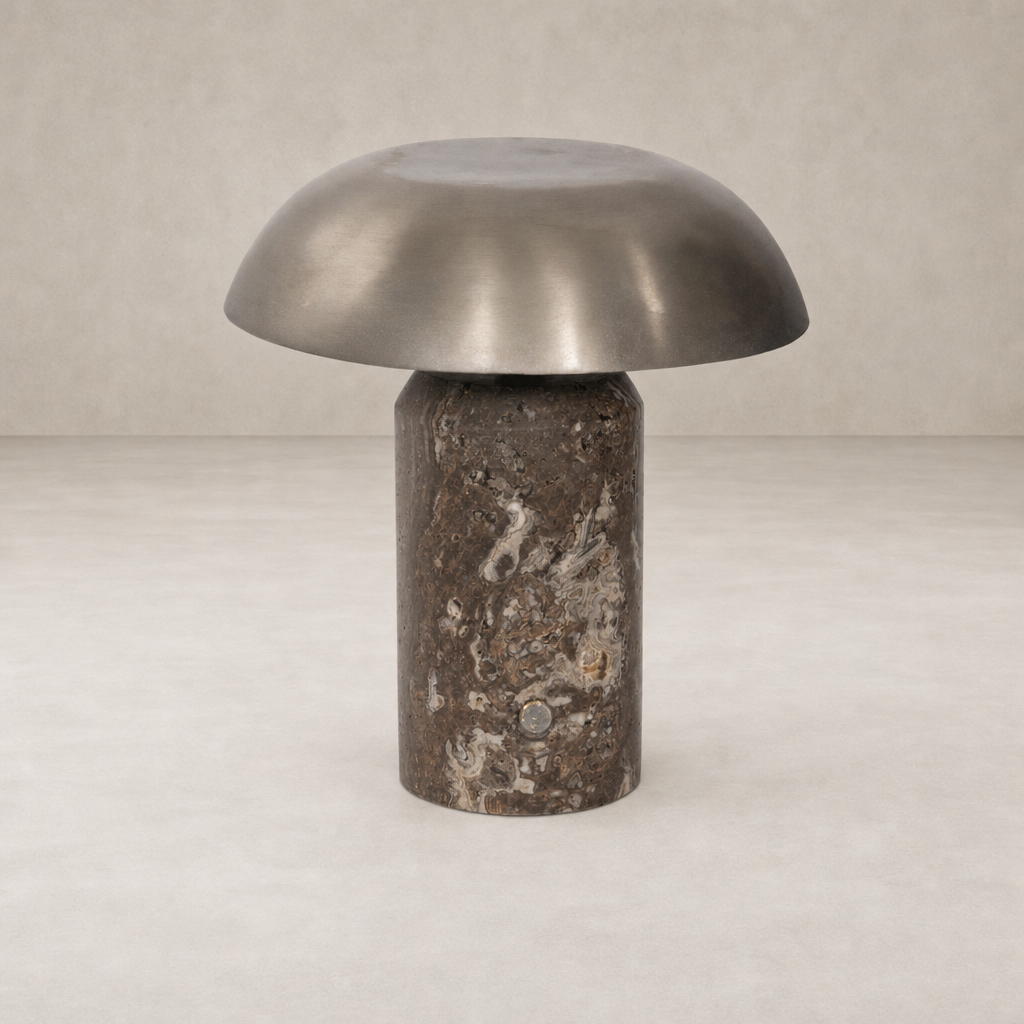 Cordless table lamp with an antique nickel shade and textured base.