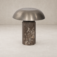 Cordless table lamp with an antique nickel shade and textured base.
