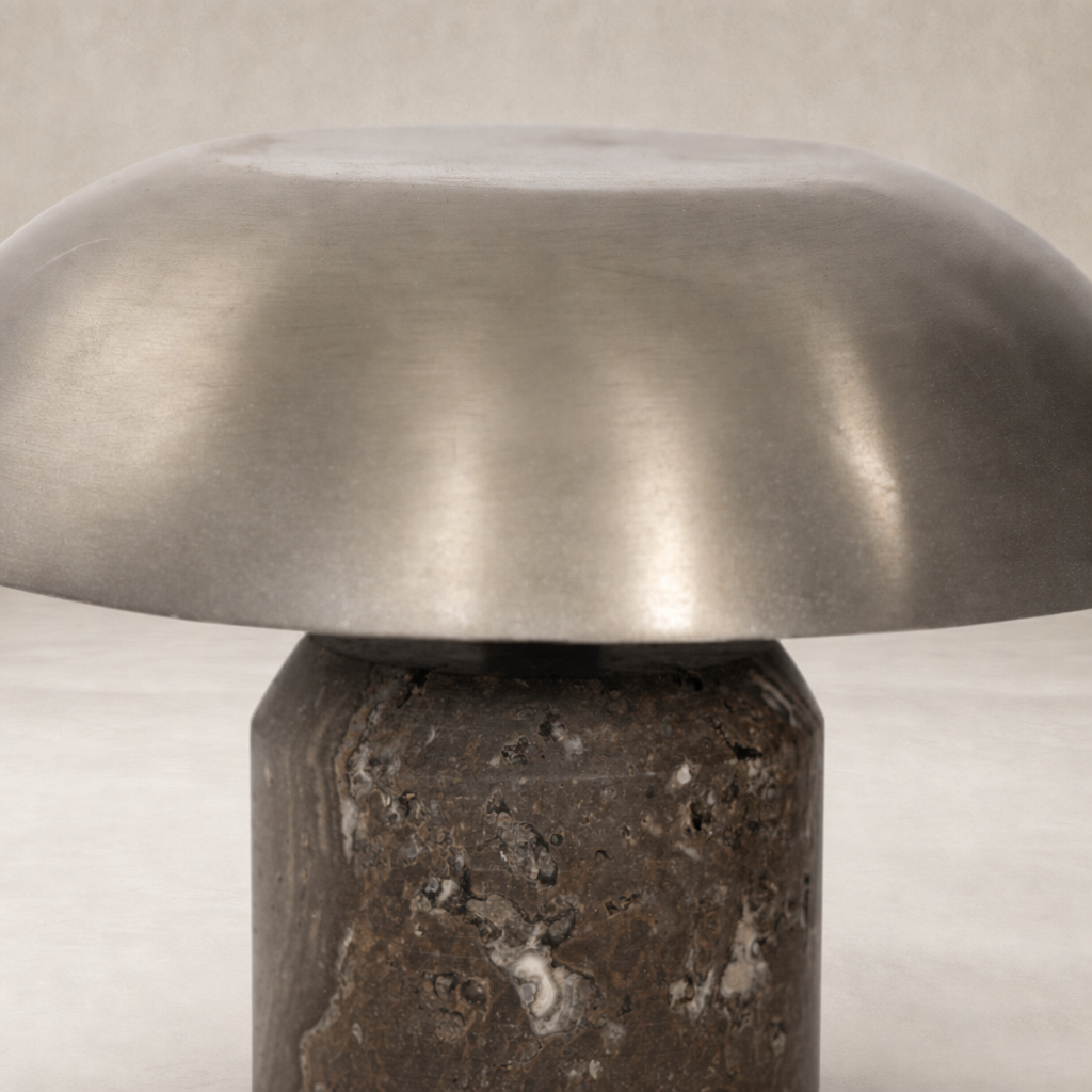 Cordless table lamp in antique nickel finish with a polished dome shade.