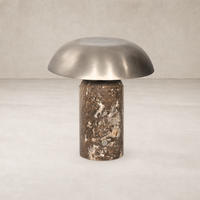 Cordless table lamp with antique nickel shade and textured base design.