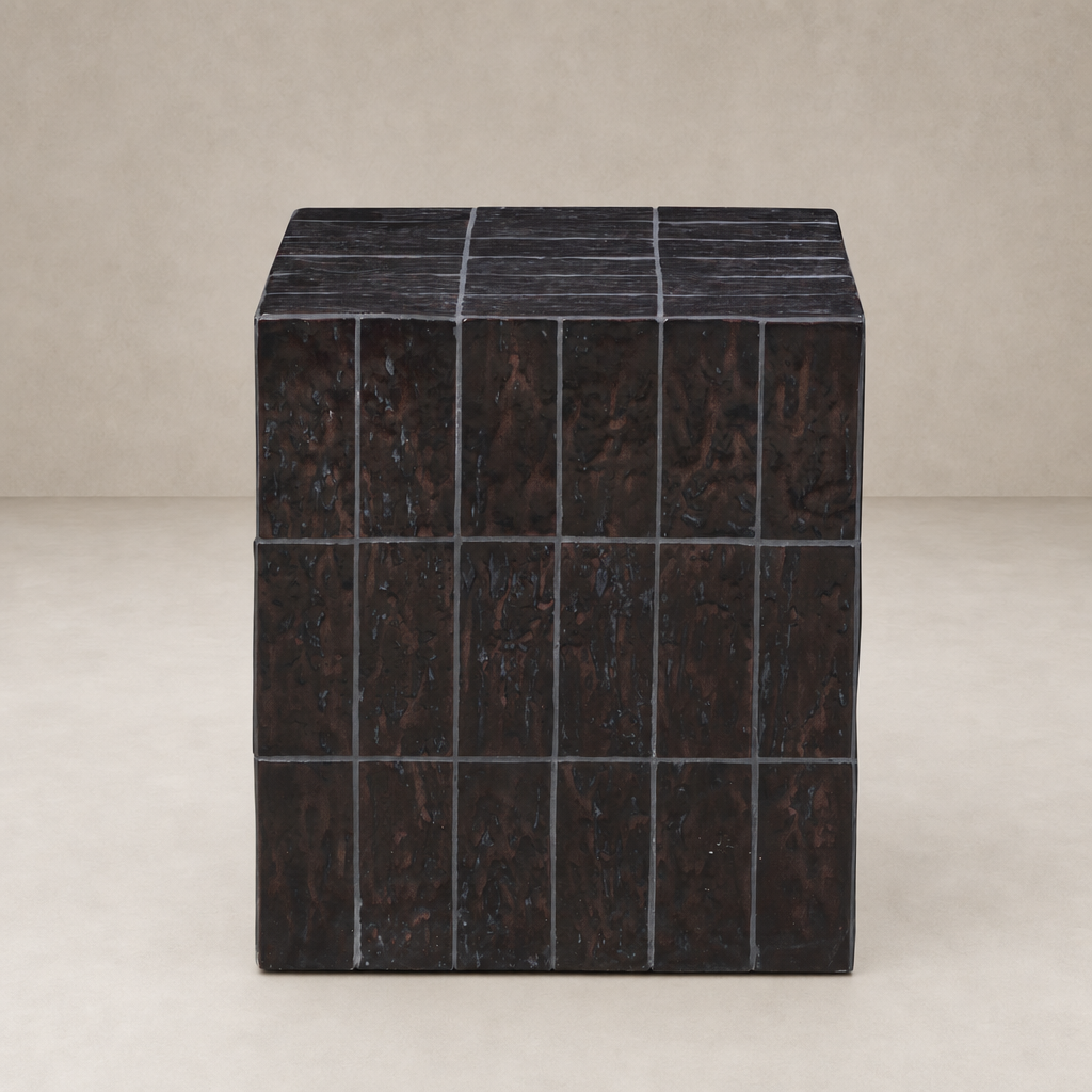Textured brown tile end table with a square design and modern finish.