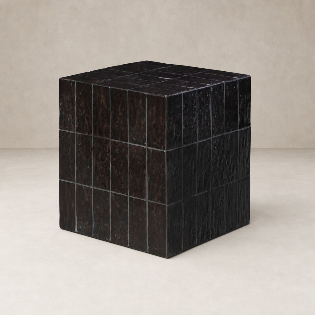 Textured brown tile end table with a modern cube shape and rich finish.
