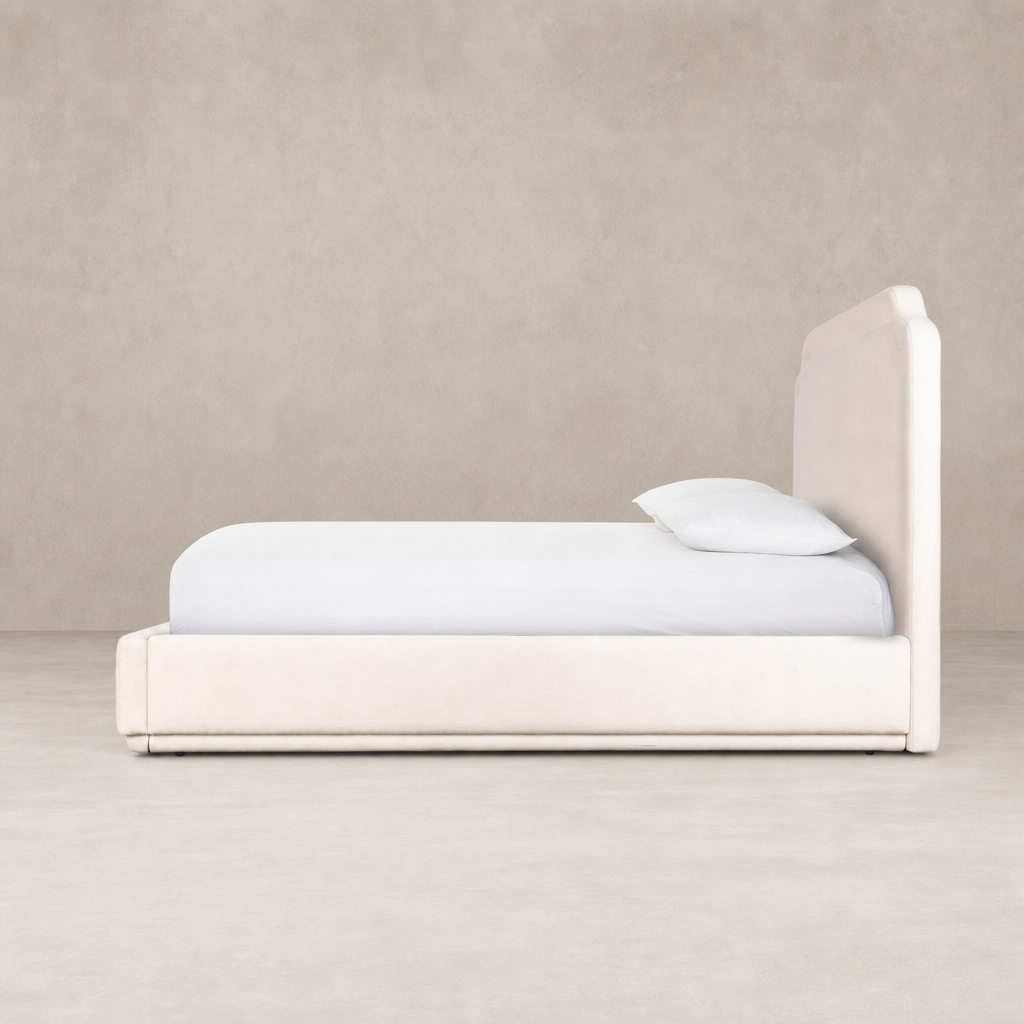 Modern bed in Laughlin Bone finish with a sleek, minimalist design.