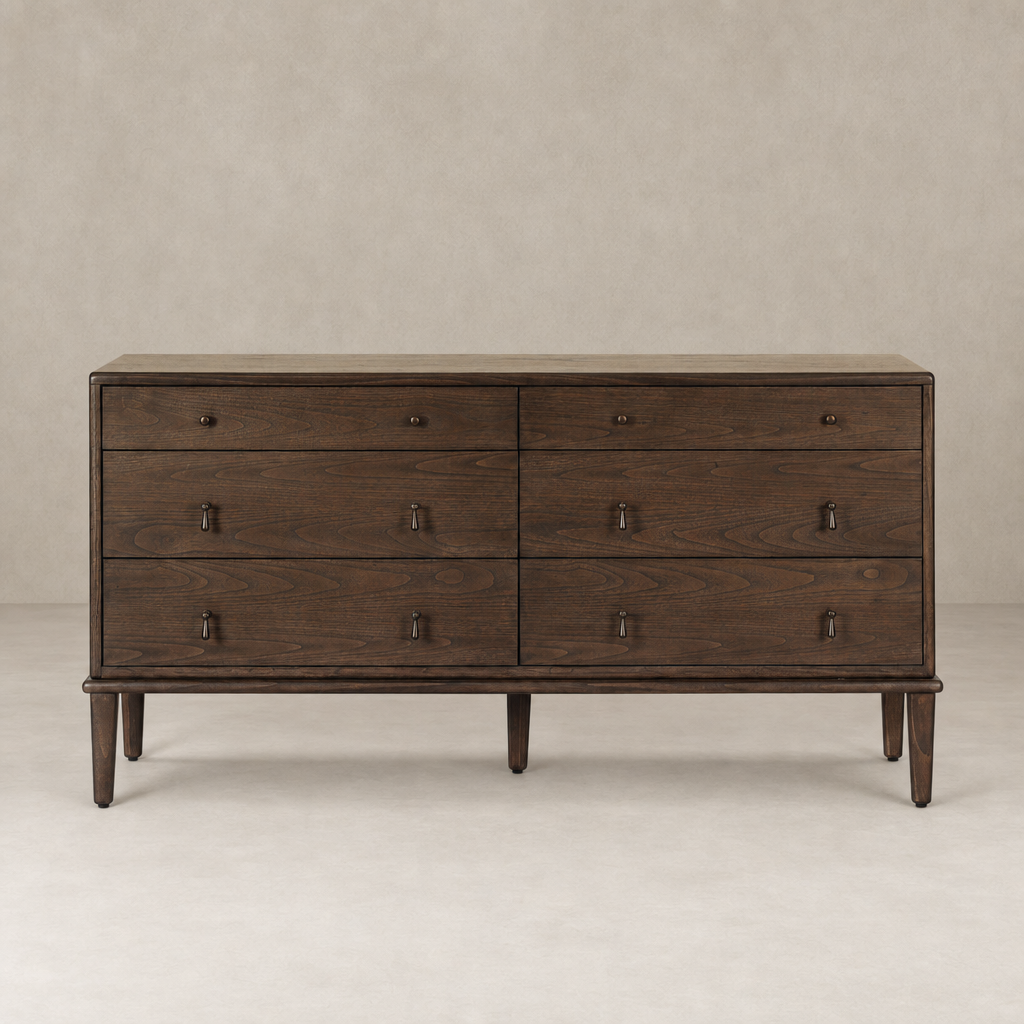 Six drawer dresser in dark brown Sungkai with sleek design and metal handles.
