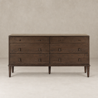 Six drawer dresser in dark brown Sungkai with sleek design and metal handles.