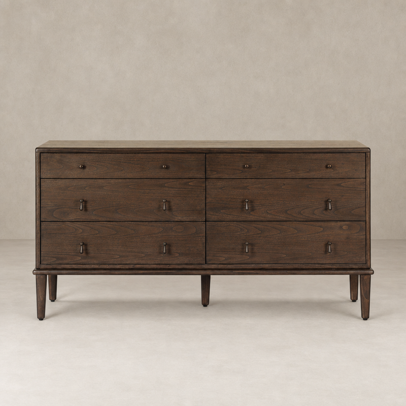 Six drawer dresser in dark brown Sungkai with sleek design and metal handles.