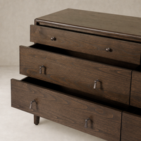 Dark brown Sungkai 6 drawer dresser showcasing sleek design and elegant hardware.