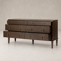 Dark brown Sungkai 6 drawer dresser with stylish handles and tapered legs.