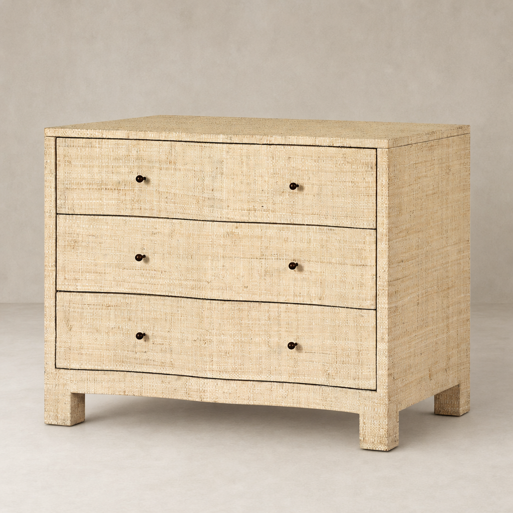Natural Fleck Raffia nightstand featuring three spacious drawers and a textured finish.