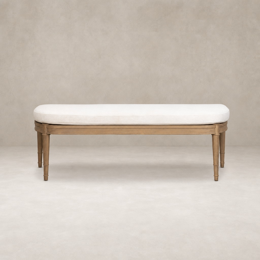 Elegant accent bench in Crypton Nomad Snow with tapered wooden legs.