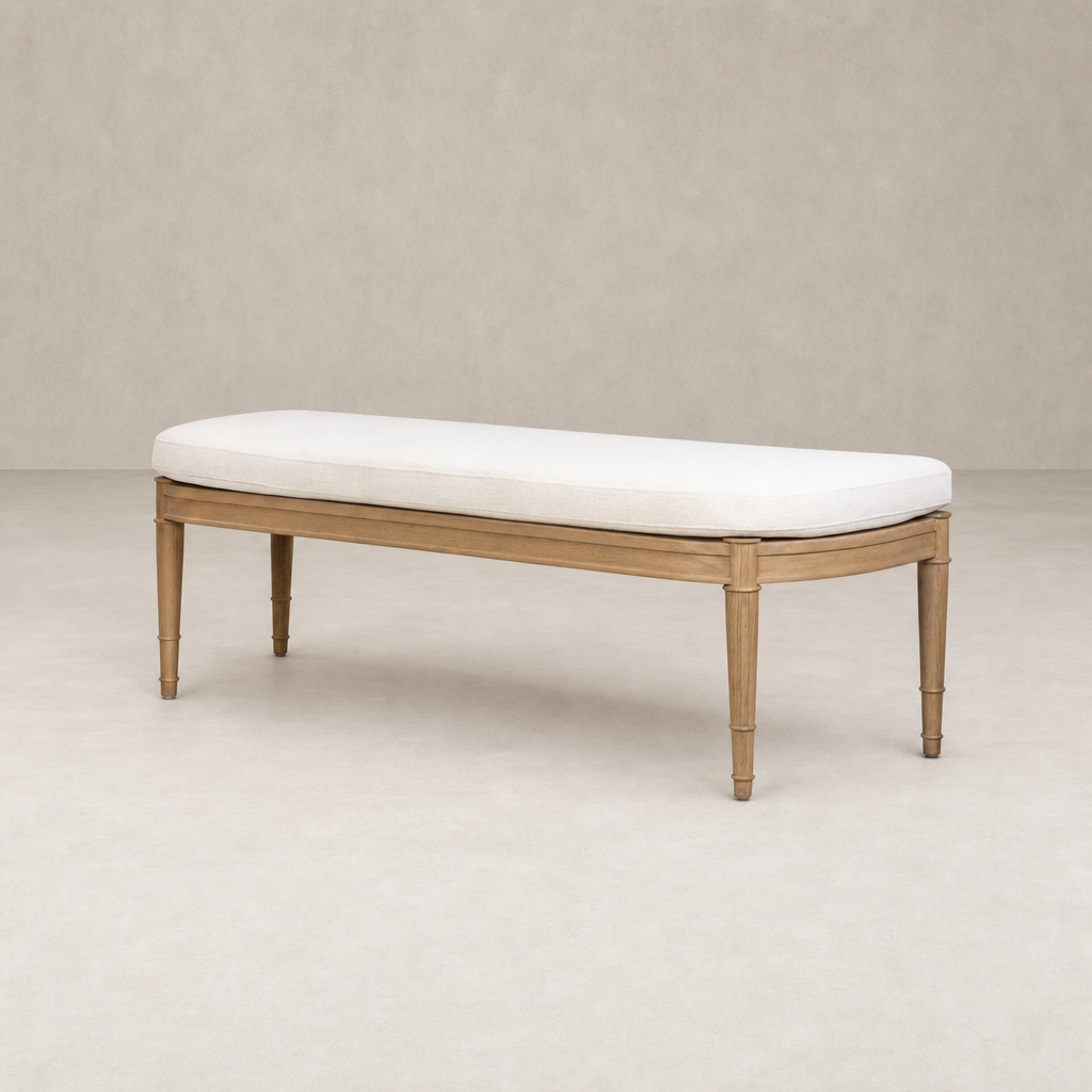 Elegant accent bench in Crypton Nomad Snow with tapered wooden legs.