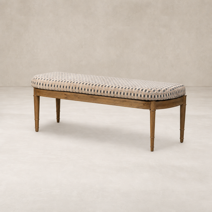 Elegant accent bench in Firefinch Fawn with a padded woven seat and wooden legs.