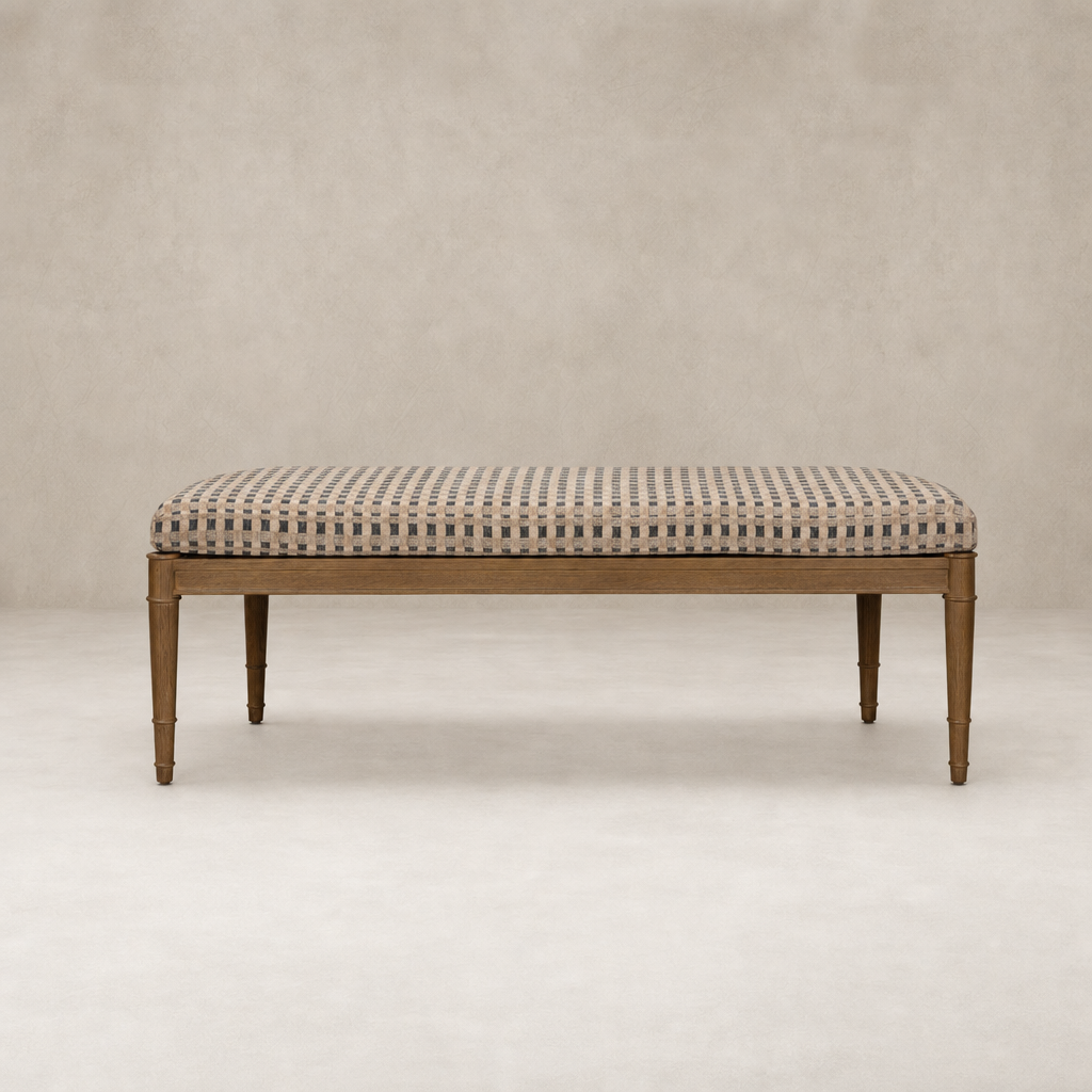 Elegant accent bench in Firefinch Fawn with a patterned fabric seat and slender legs.