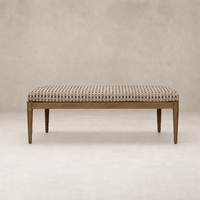Elegant accent bench in Firefinch Fawn with a patterned fabric seat and slender legs.