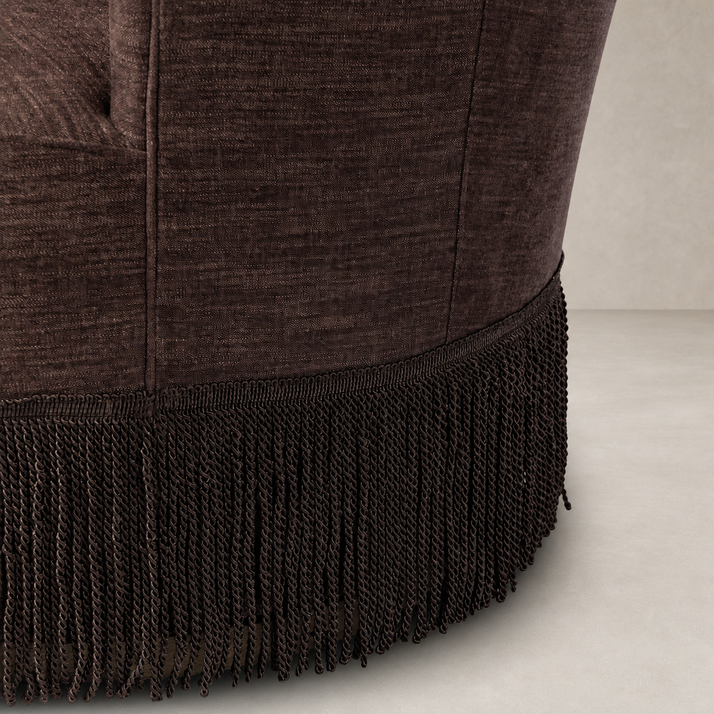Lyra Fringe Swivel Chair in Laughlin Plum featuring elegant fringe detailing and plush texture.