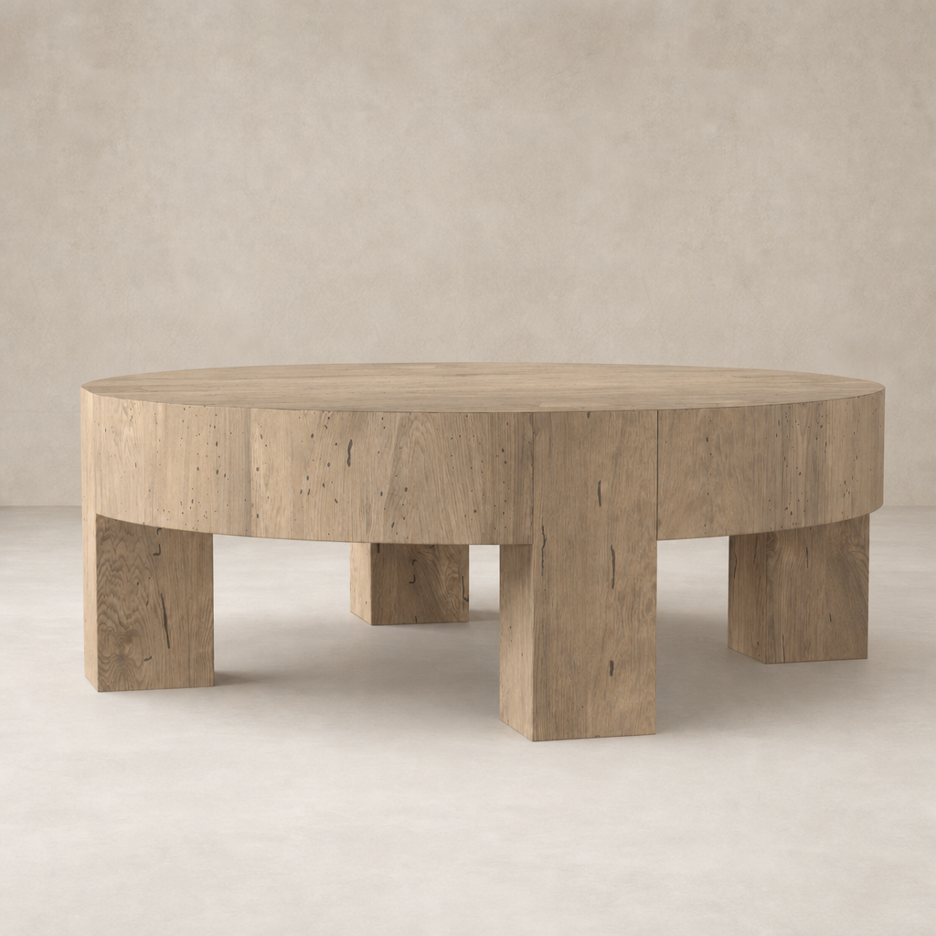 Bergen Round Coffee Table in whitewash rustic wormwood oak with a unique textured finish.