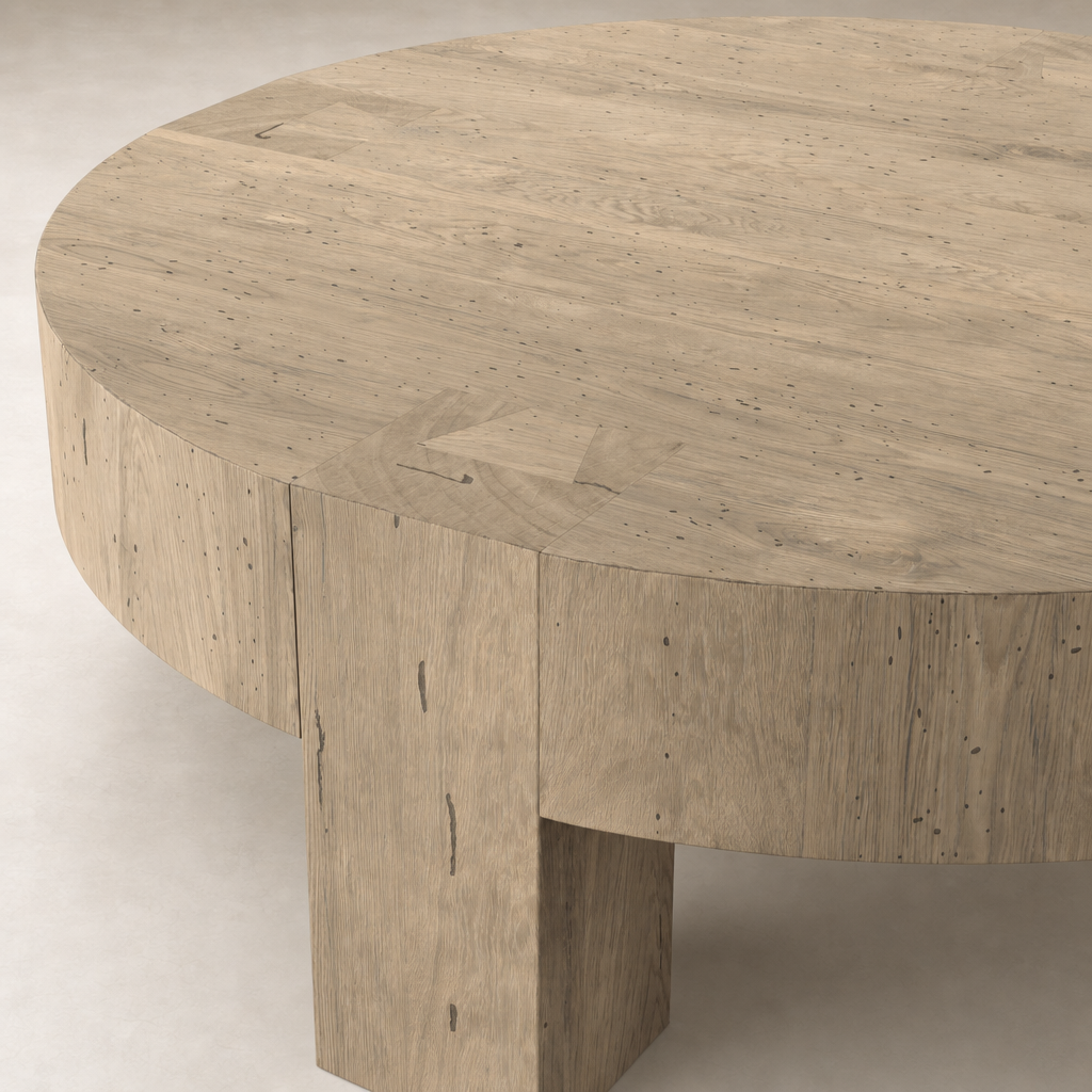 Bergen Round Coffee Table in whitewash rustic wormwood oak with a smooth, minimalist design.