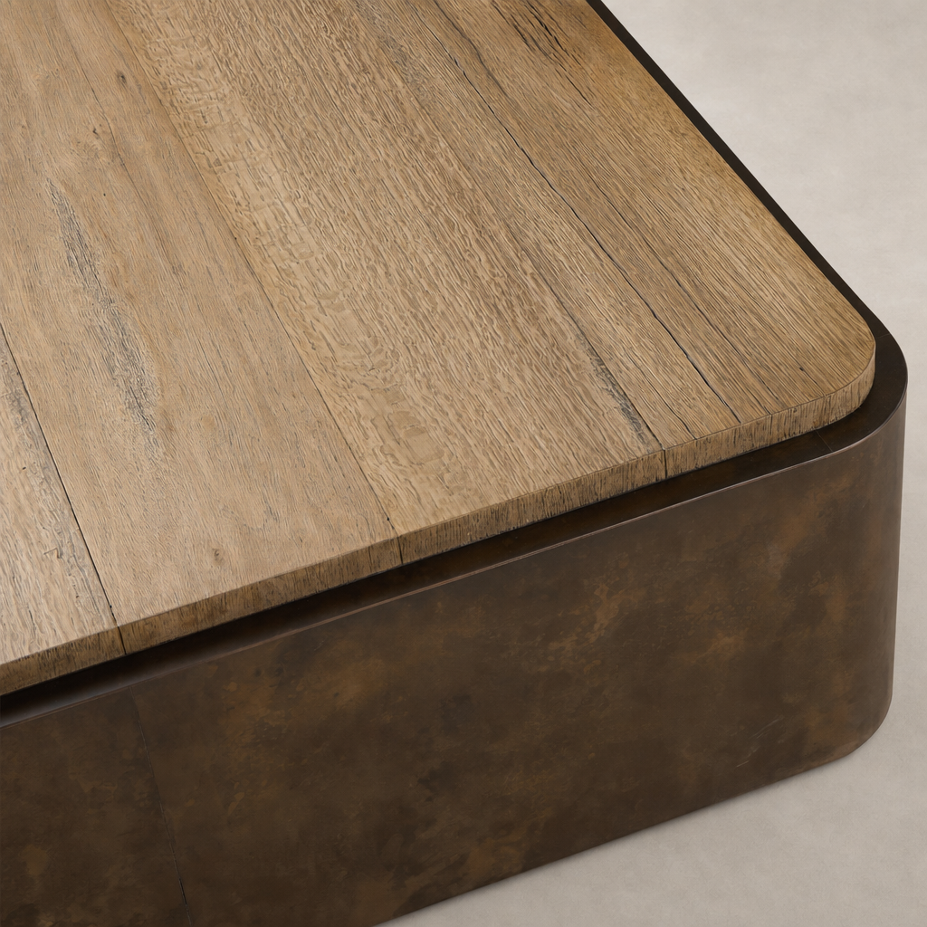 Nash Square Coffee Table in burnt bleached oak resawn, featuring a smooth, textured wooden top.