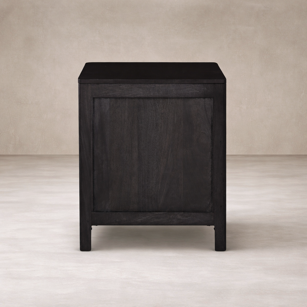 Black washed wood and rattan nightstand  sideview