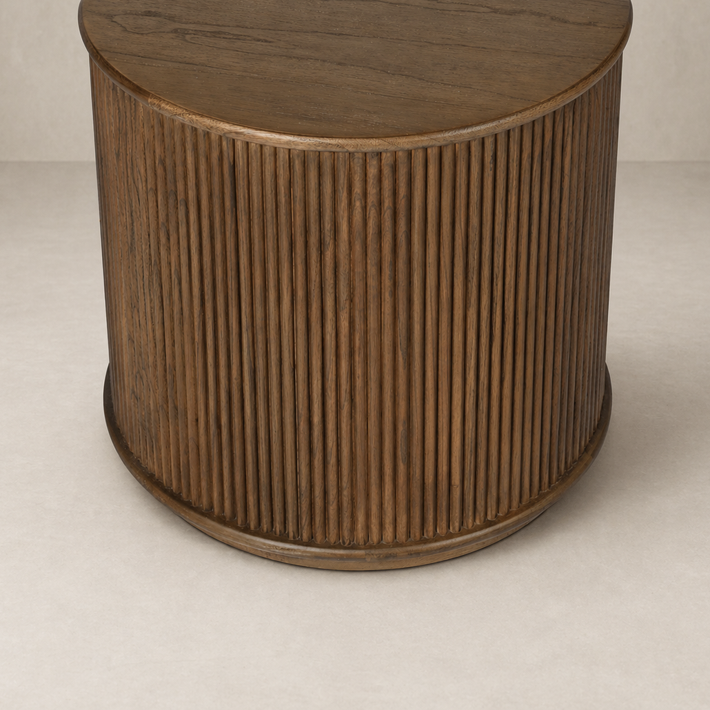 Close-up of the Luna End Table showcasing its ribbed wooden texture and rounded top.