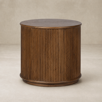 Close-up of the Luna End Table showcasing its textured wooden surface and rounded design.