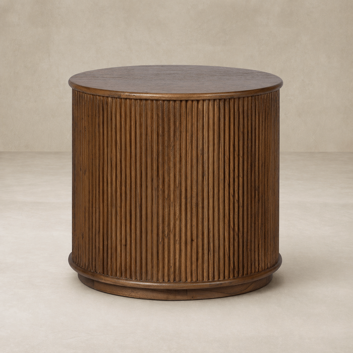 Close-up of the Luna End Table showcasing its textured wooden surface and rounded design.