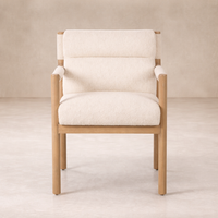Front view of the Sorrento Dining Chair featuring a soft cream upholstery and natural wood frame.