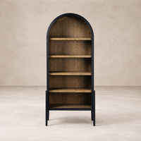 Front view of the Ember Bookcase featuring a sleek black frame and warm wooden shelves.