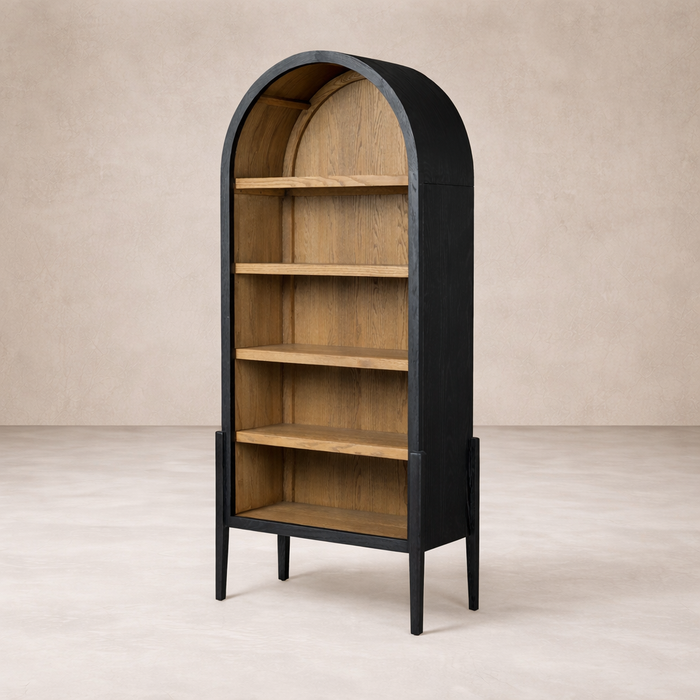 Three-quarter view of the Ember Bookcase, featuring a sleek black finish and natural wood shelves.