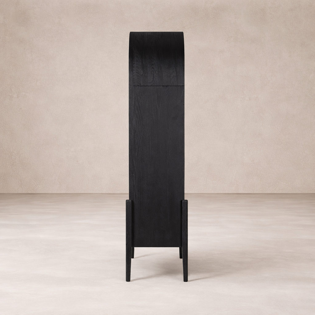 Sleek side view of the Ember Bookcase in black wood, showcasing its minimalist design and elegant curves.