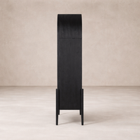 Sleek side view of the Ember Bookcase in black wood, showcasing its minimalist design and elegant curves.