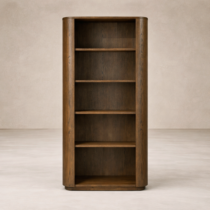 Front view of the Cypress Bookcase showcasing its sleek design and warm wood finish.