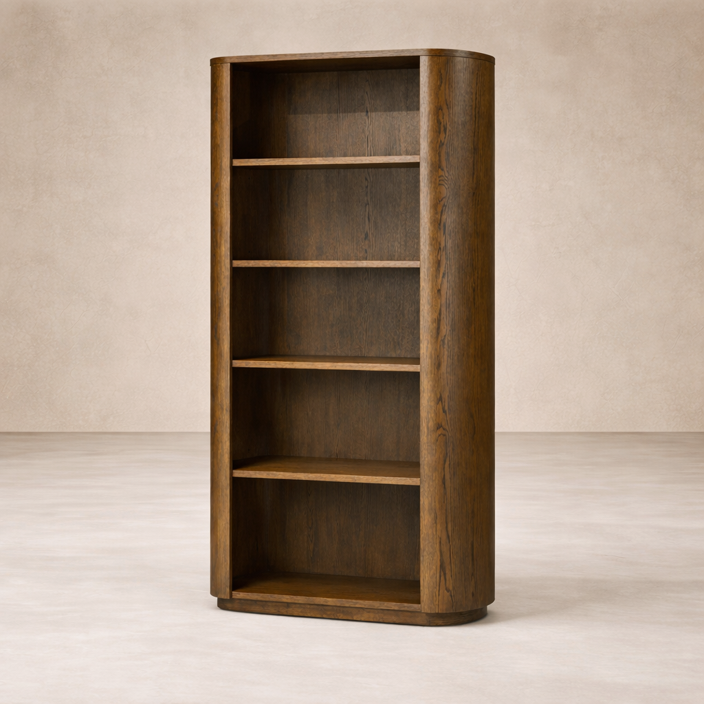 Side angle of the Cypress Bookcase showcasing its warm wood finish and curved edges.