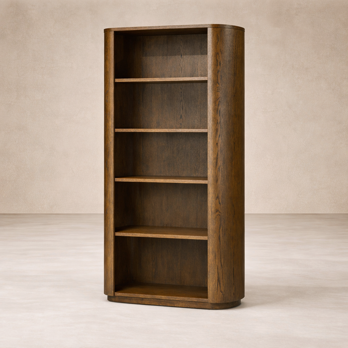 Side angle of the Cypress Bookcase showcasing its warm wood finish and curved edges.