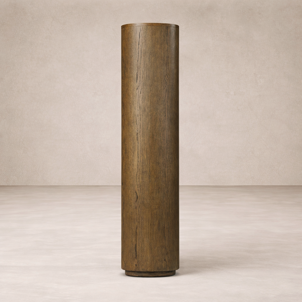Front view of the Cypress Bookcase showcasing its sleek cylindrical design and rich wood finish.