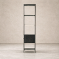 Front view of the Ellis Narrow Bookcase, featuring a sleek design with open shelves and a closed cabinet.